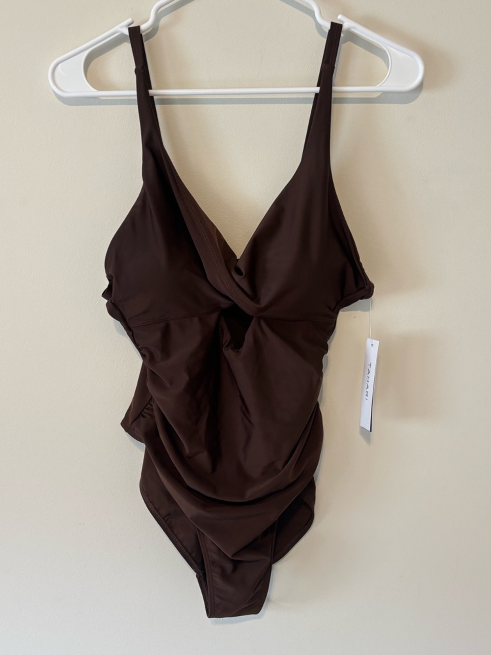Tahari Brown High-Banded One Piece Twist Front Swimsuit Size Large NWT